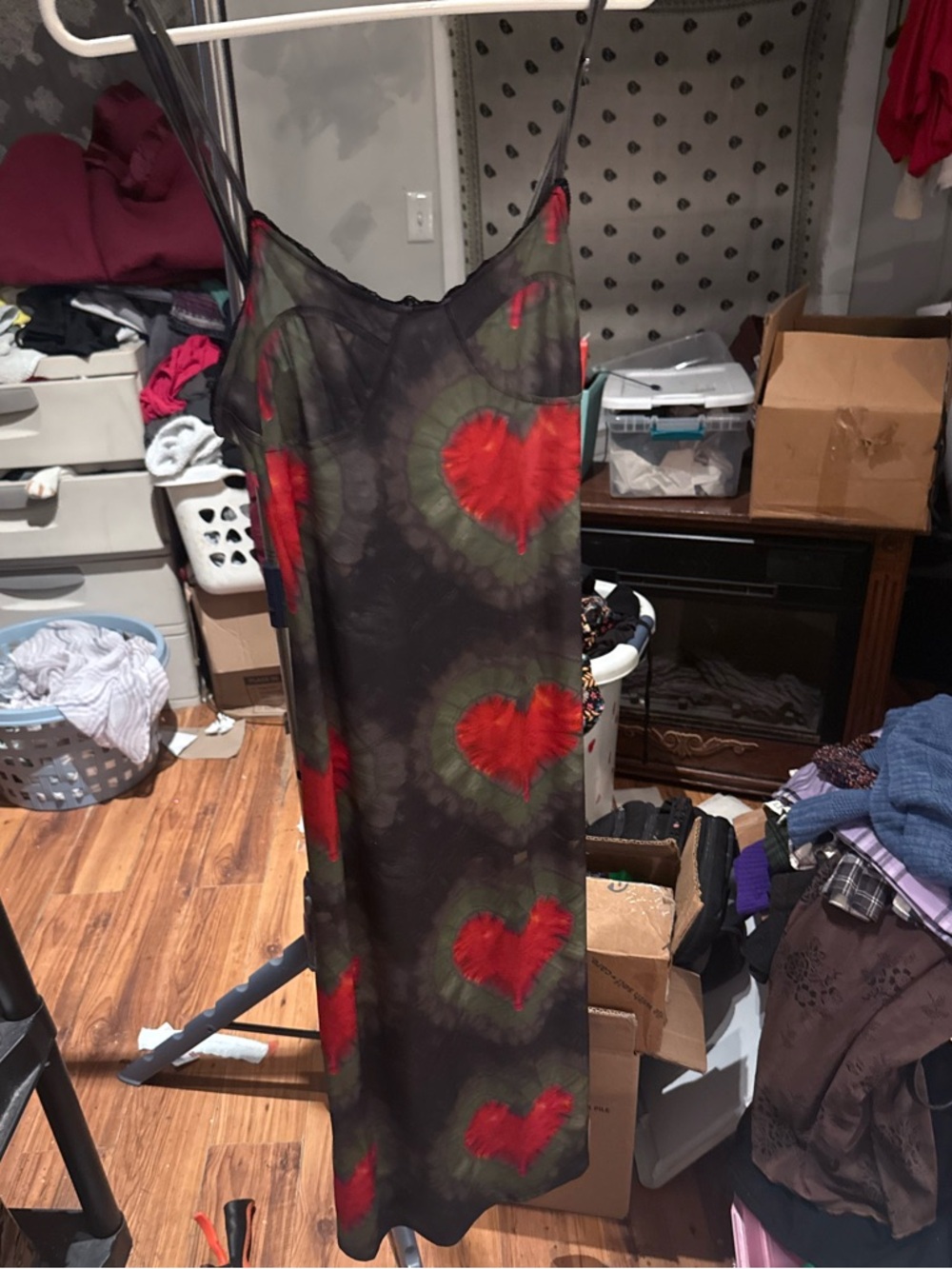 omighty Black Slip Midi Dress with Red Heart Tie-Dye